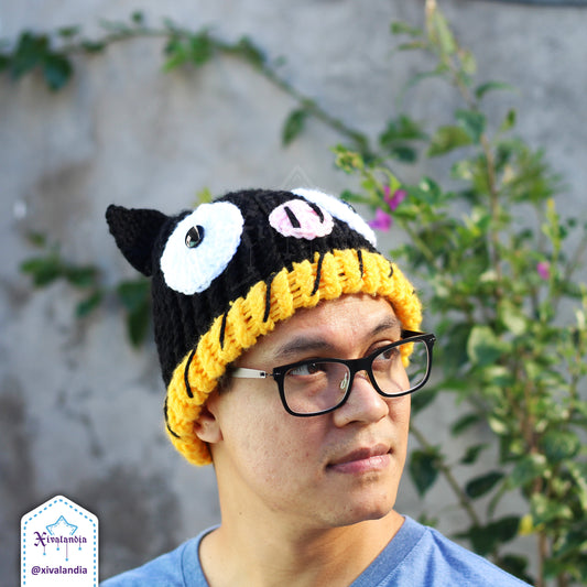 Gorro pchan de ranma, tejido artesanal, joven y adulto, cerdito pechan, color negro, Unitalla